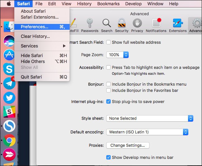 Chọn Preferences trên Safari 