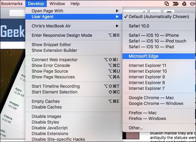 Thay đổi User Agent cho Safari