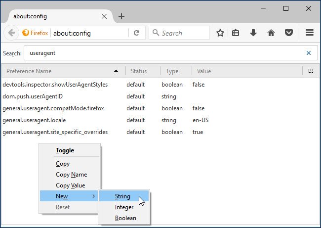 Chọn String để tạo mới tùy chọn User Agent 